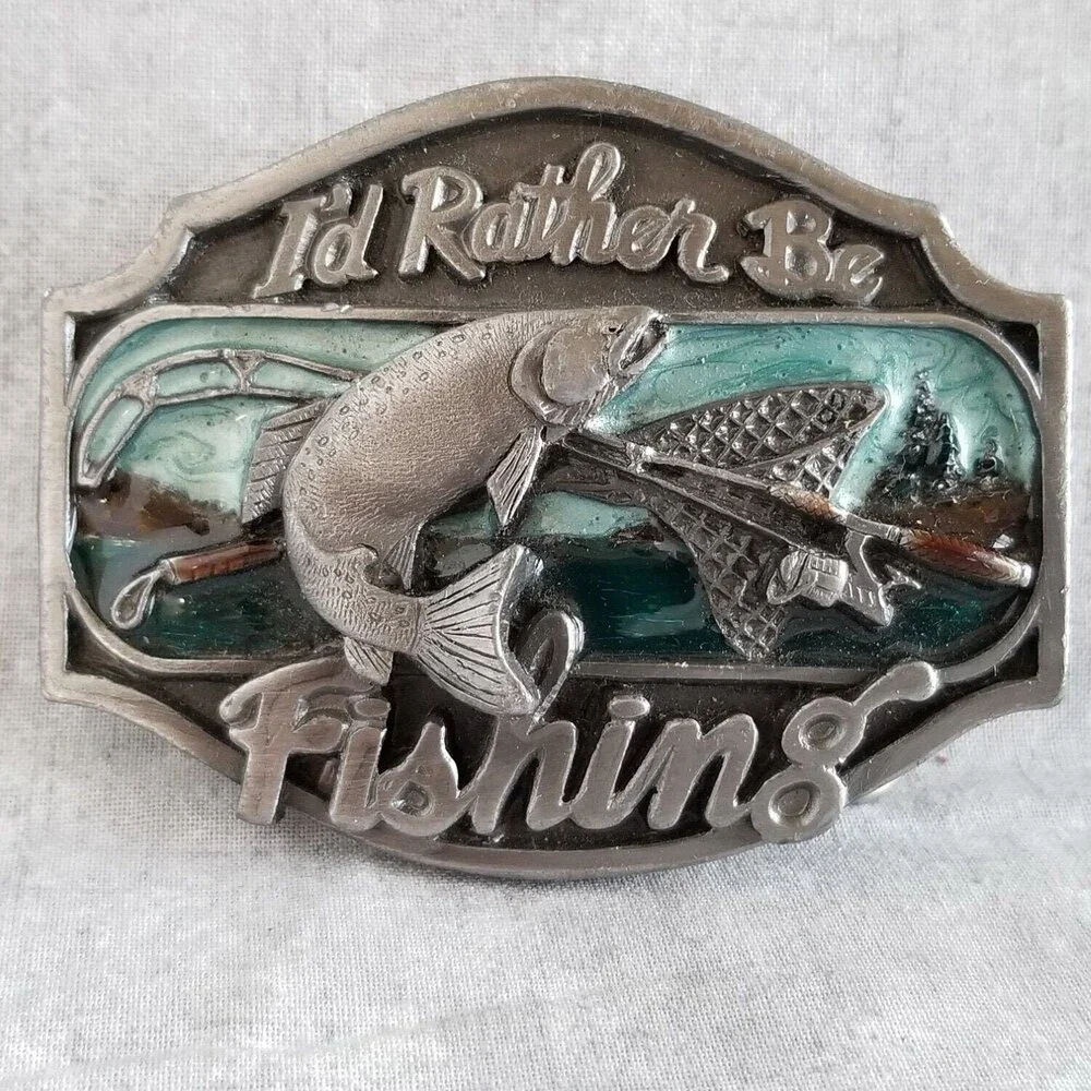Vintage I'd Rather Be‎ Fishing Belt Buckle Rio Grande Buckle Co. 1989 Pewter
